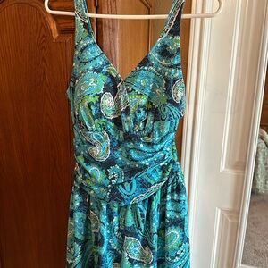 Blue and Green Paisley swimsuit with matching coverup